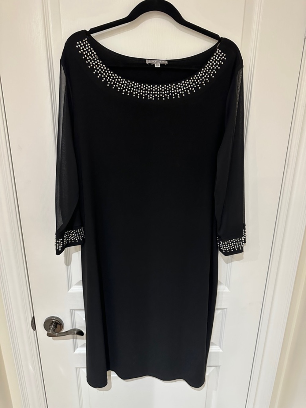 Beaded Neckline Black Long-Sleeve Dress